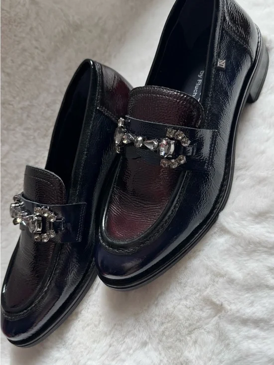Dorking Embellished Loafers Patent Leather Burgundy Black Crystal Slip On Flats - Picture 3 of 4